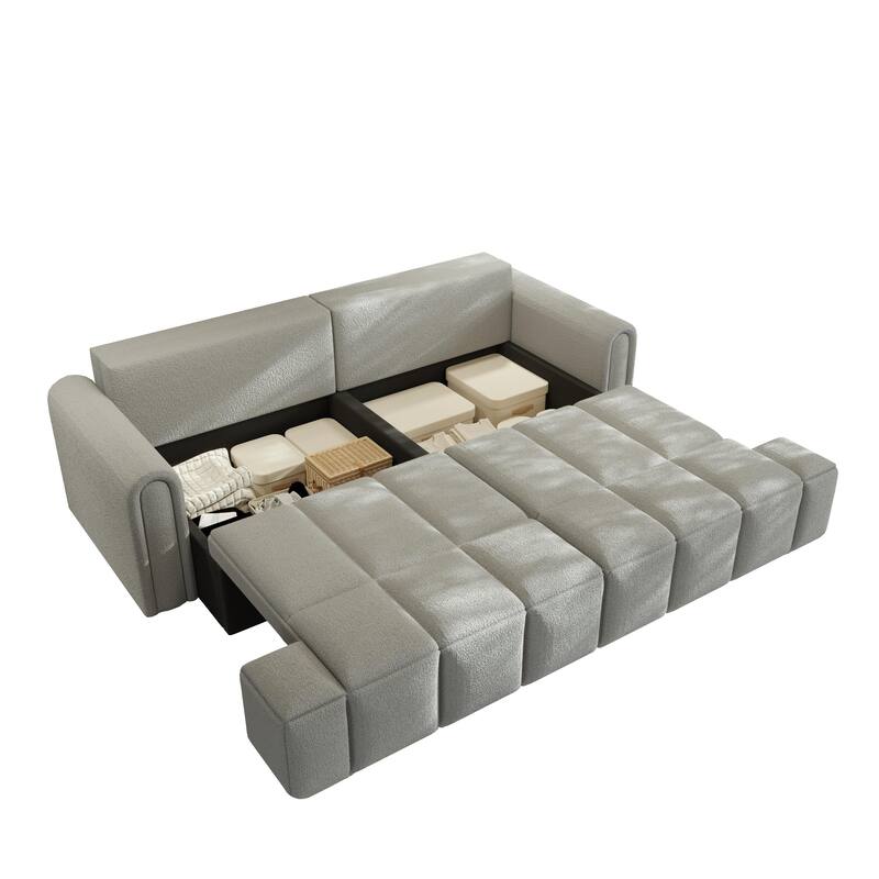 90.2" Sleeper Sofa with Pull-Out Bed, 3-in-1 Convertible Sofa Bed, Large Teddy Loveseat with Adjustable Backrest & Storage Seats