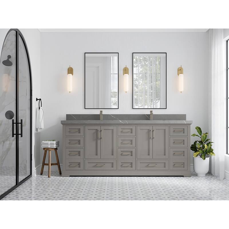 Willow Collection 84 in W x 22 in D x 36 in H Boston Double Bowl Sink Bathroom Vanity with Countertop - 2"Piatra Gray - Elephant Skin Gray