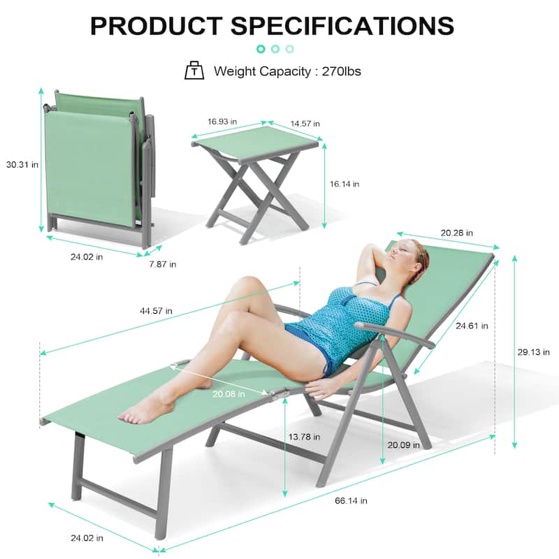 3-Pieces Outdoor Chaise Lounge Set Aluminum Adjustable Foldable Chaise Lounge Chairs and Side Table