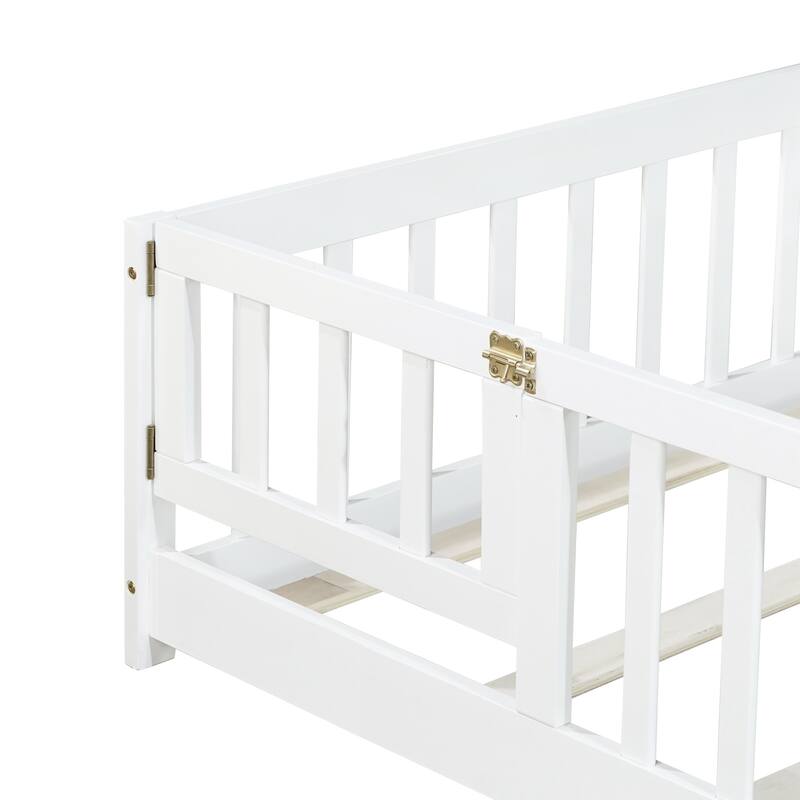 Twin Size Floor Bed with Fence and Door,Rubber Wood Floor Bed with Safety Guardrails