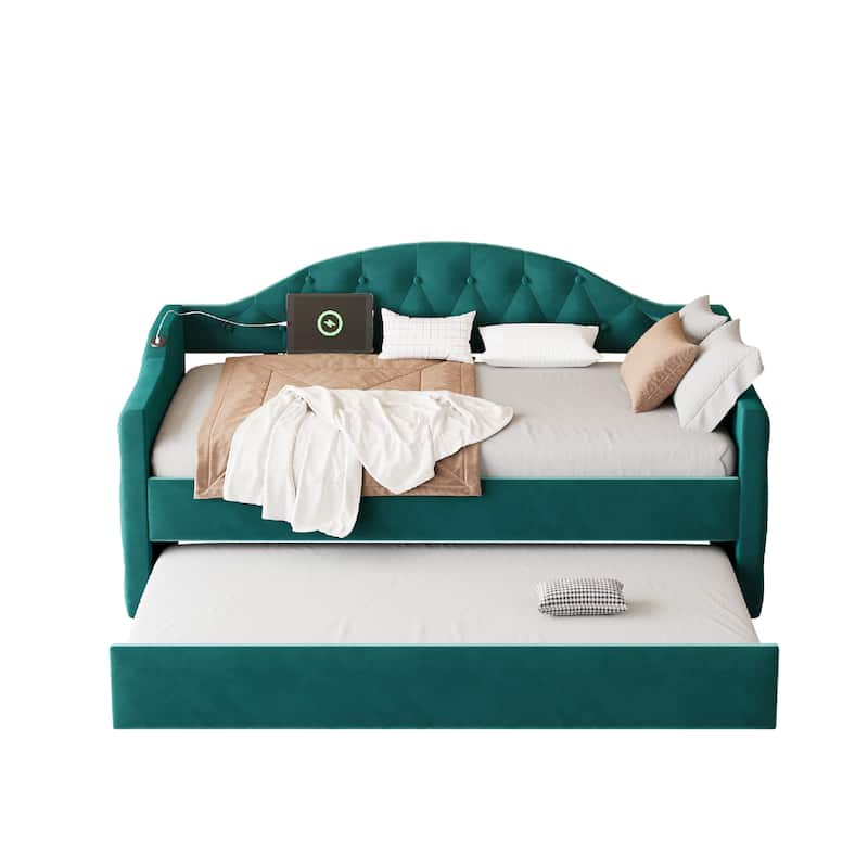 Tufted Upholstered Frame Daybed Velvet Sofa Bed with USB and Type-C Charging Ports, Twin Platform Low Profile Bed with Trundle