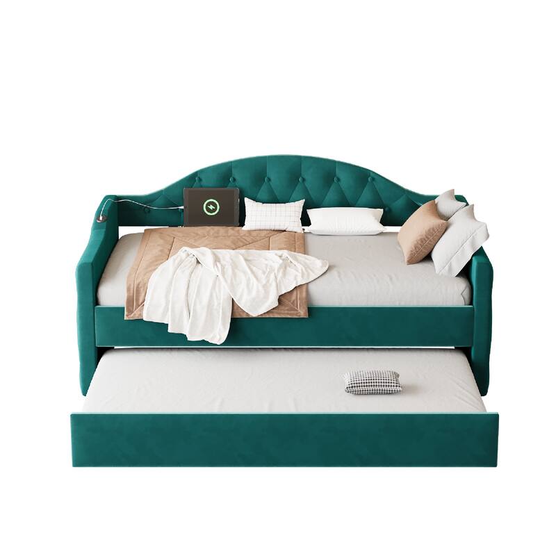 Upholstered Daybed with Trundle ,with USB&Type-C Charging Ports