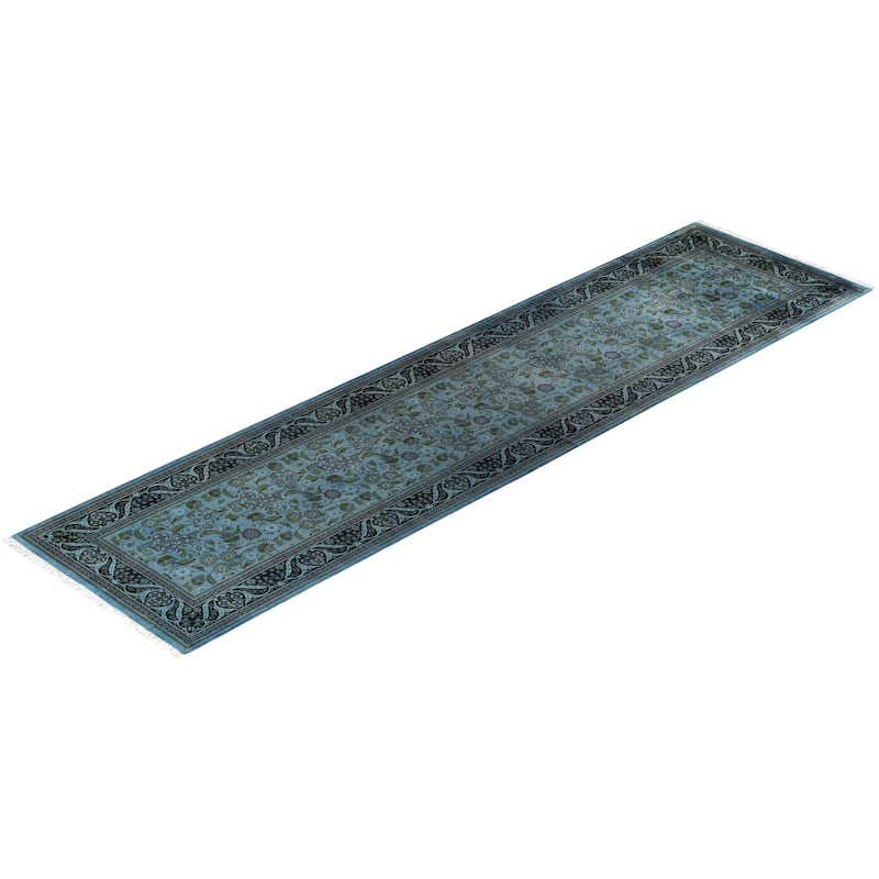 Overton Hand Knotted Wool Vintage Inspired Modern Contemporary Overdyed Blue Runner Rug - 2' 7" x 10' 1"
