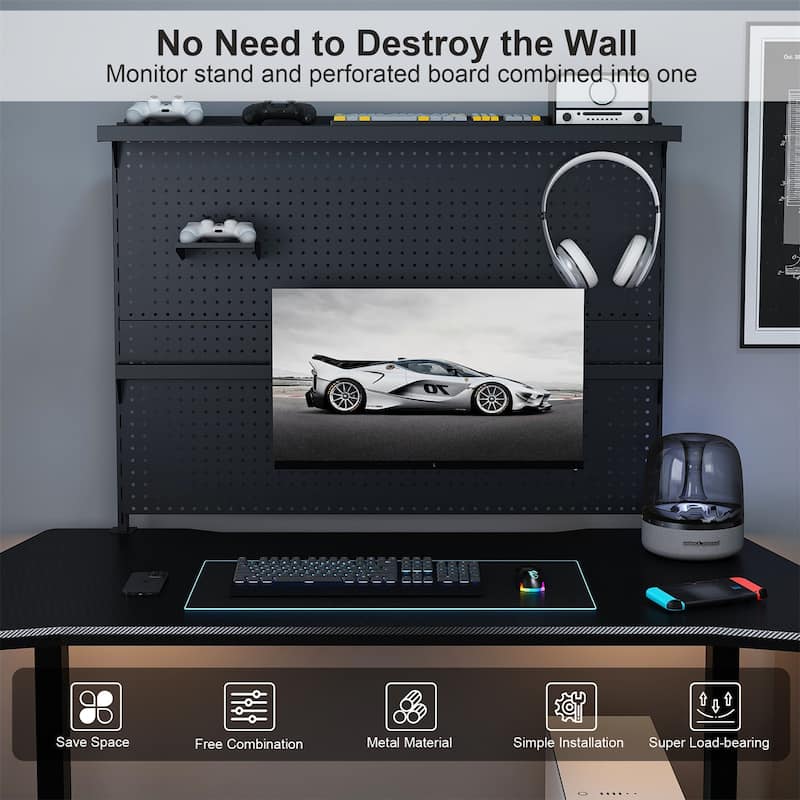 Clamp-On Desk Pegboard with Single Monitor Stand, Hooks & Movable Panel