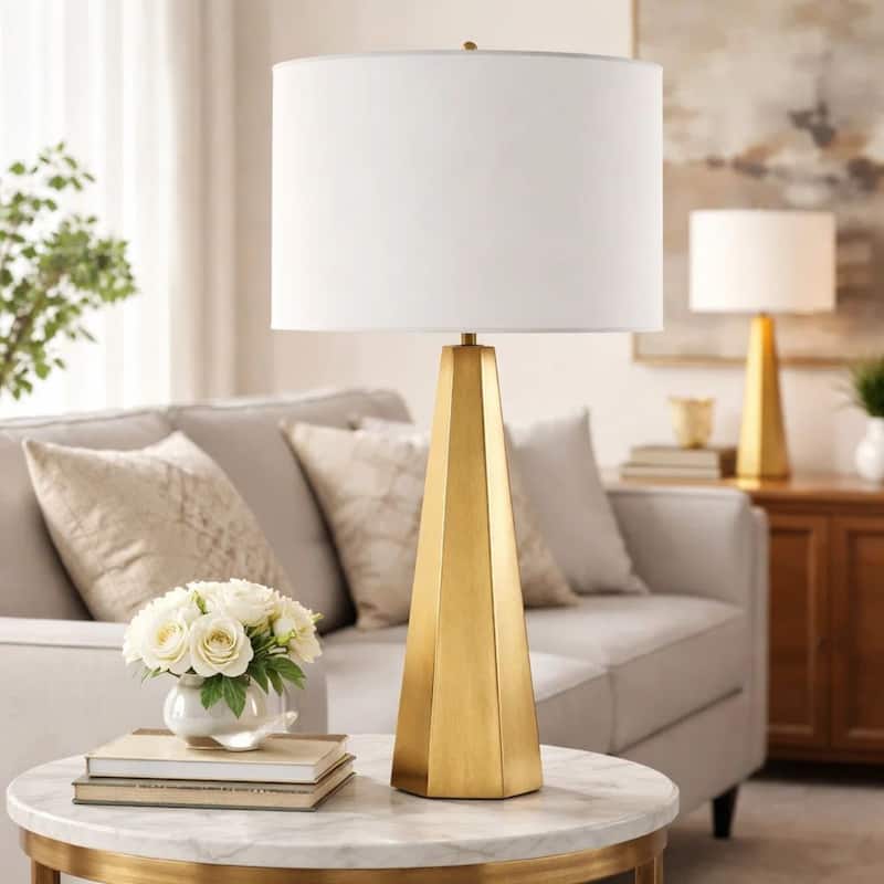 Table Lamp, White Linen Shade, Gold Ceramic Geometric Base, 28 Inch