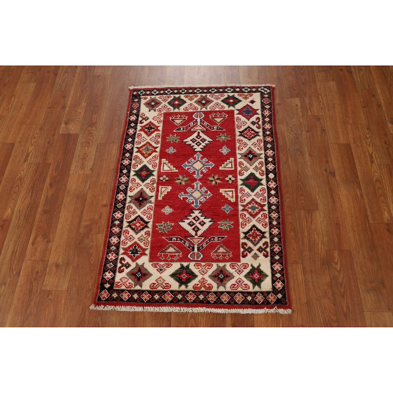 Red Geometric Kazak Oriental Accent Rug Hand-Knotted Wool Carpet - 2'0"x 3'0"