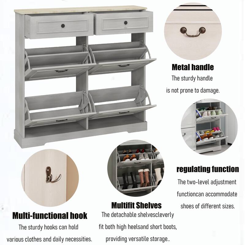 Antique White Slim Shoe Storage Cabinet – Freestanding Organizer with 2 Drawers, 4 Flip-Up Compartments, and Adjustable Shelf
