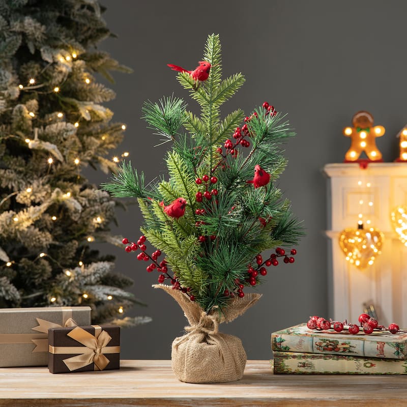 Glitzhome 20"H Christmas Floral Table Tree Decor - With Cardinal
