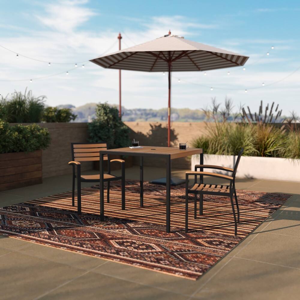 Black Steel Framed 36" Square Faux Teak Table with Umbrella Hole & 2 Club Chairs