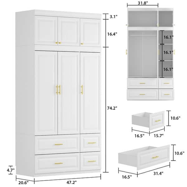 Modern Freestanding Wardrobe Armoire Closet High Storage White