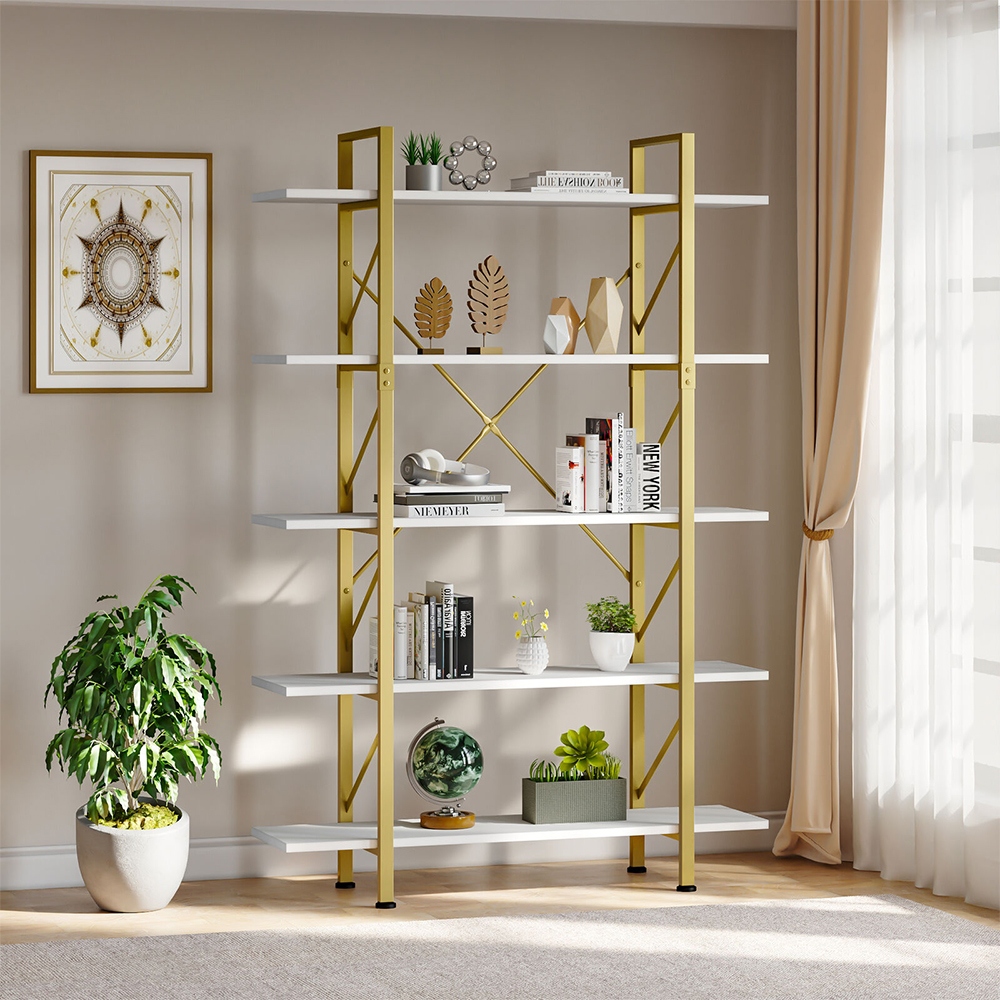 5 Tiers 70.9 Tall Heavy Duty Bookshelf Open Shelf Gold and White 52 x 63 On Sale Bed Bath Beyond 38909036