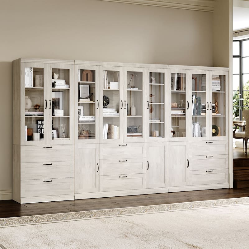 Bookcase Cabinet with Glass Doors and Drawers Multi-Purpose Storage Display Hutch for Living Room or Dining Room