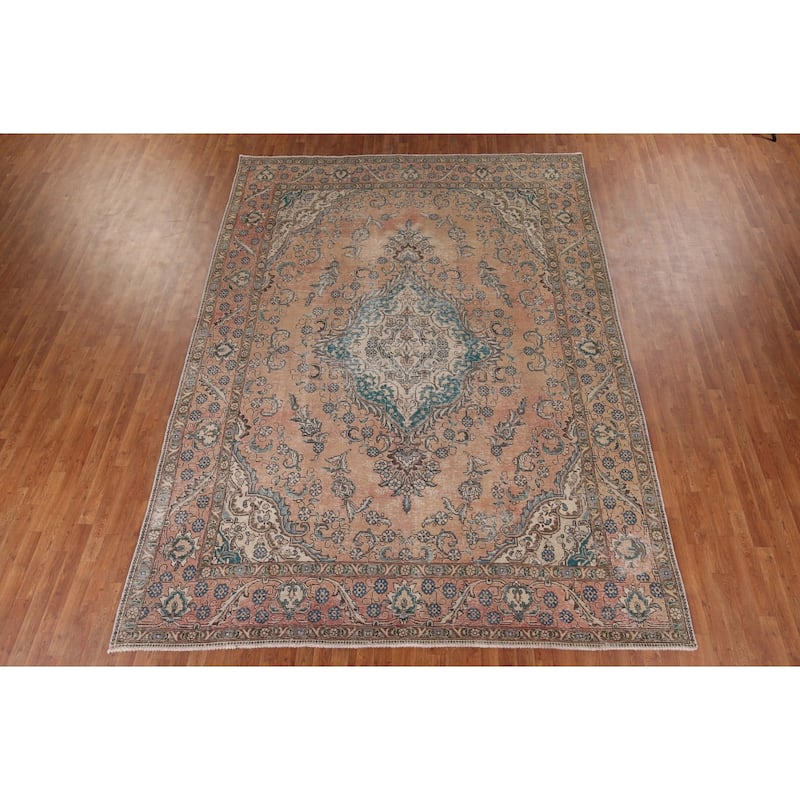 Distressed Tabriz Vintage Persian Rug Dining Room Handmade Wool Carpet - 9'3" x 12'9"