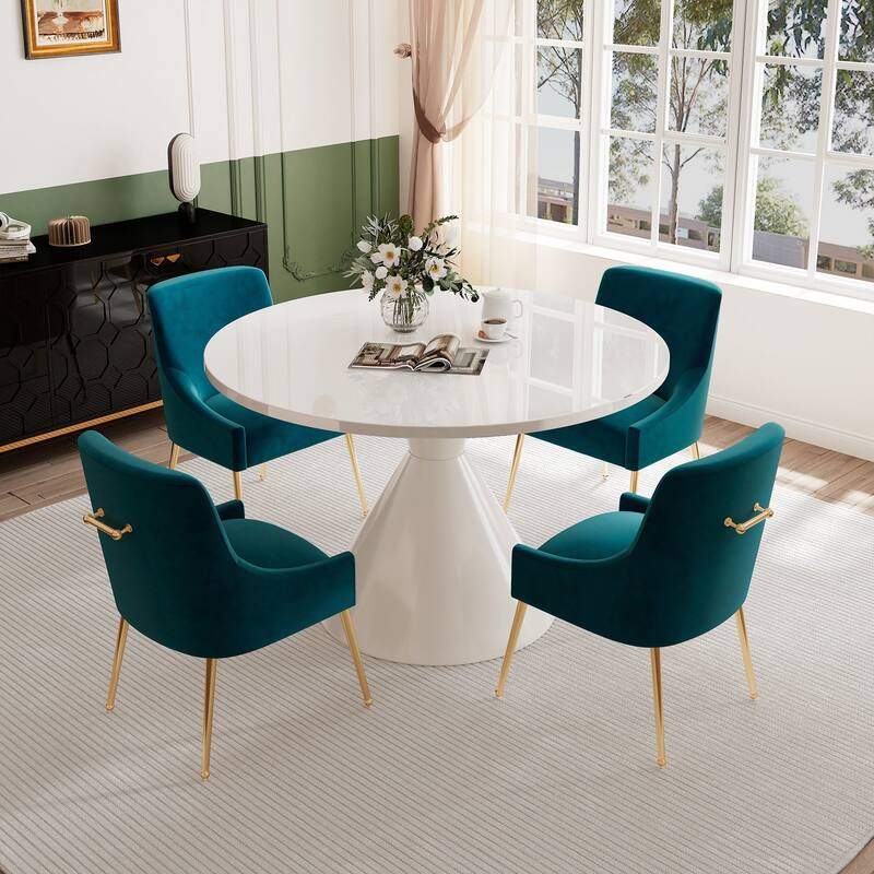 48" Light Luxury White High Gloss Large Countertop Dining Table with Velvet Dining Chair Set
