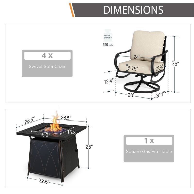 MAISON ARTS Patio Conversation Set 5 Pieces with 28'' Gas Fire Pit Table