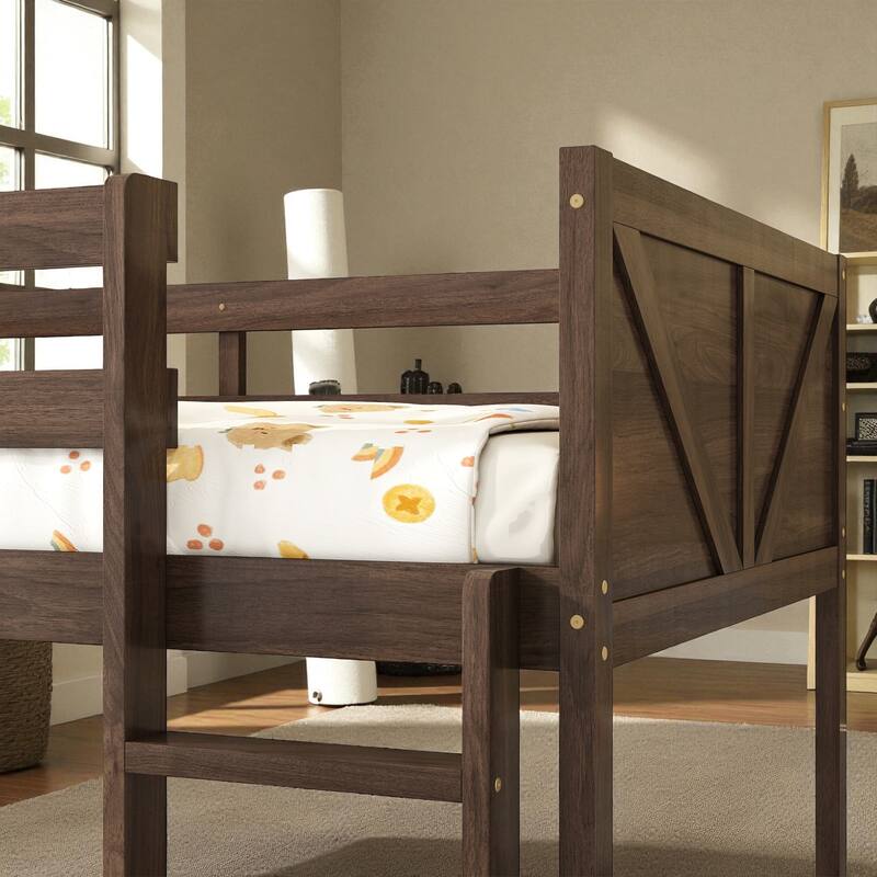 Twin Over Twin Floor Bunk Bed with Ladder and Guardrails, Solid Rubber Wood Frame with Panel Headboard and Footboard