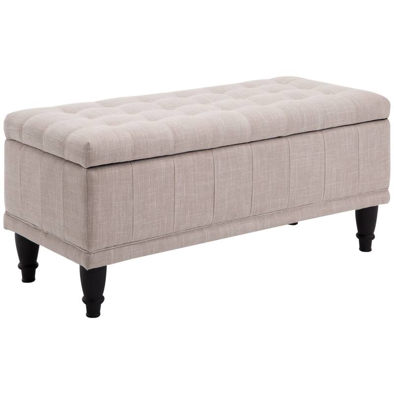 Linen Storage Bench with Soft Close Lid Upholstered Seat Hidden Compartment Hardwood Legs for Entryway or Bedroom - Beige