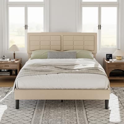 VECELO Bed Frame with Adjustable Headboard Upholstered Button Tufted Platform Bedframe with Wood Slats Support