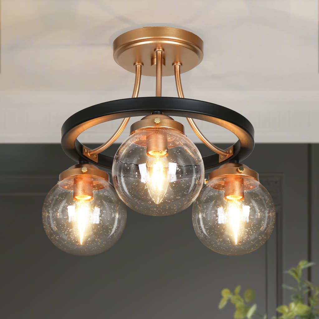 Modern Farmhouse 3-Light Black Gold Semi-Flush Mount Glass Ceiling Light - 14.5" D x 12" H
