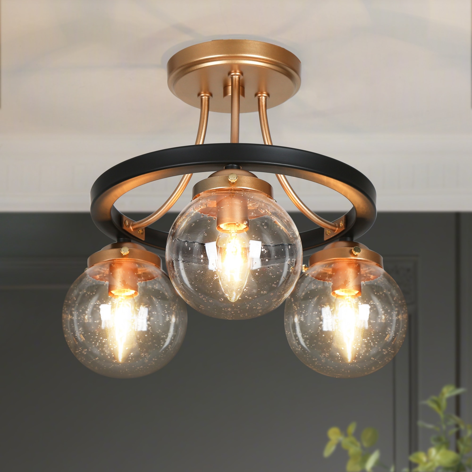 Modern Farmhouse 3-Light Black Gold Semi-Flush Mount Ceiling Light with Seeded Glass - 14.5" D x 12" H