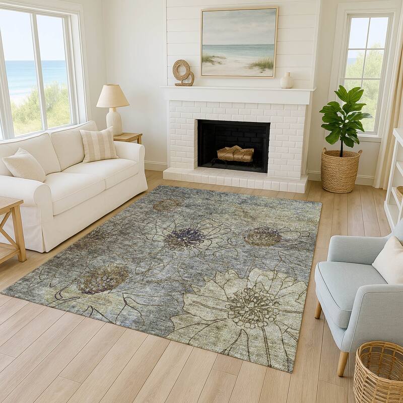 Machine Washable Indoor/ Outdoor Contemporary Floral Chantille Rug