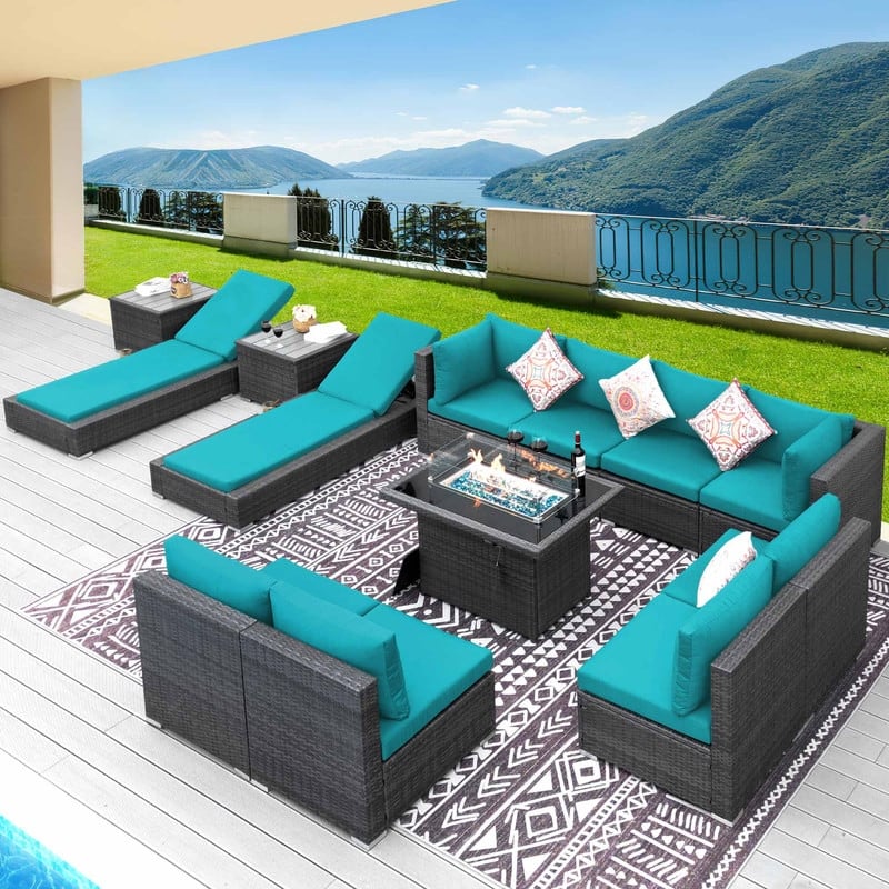 FINCATI 13-Piece Wicker Sectional Patio Conversation Set with 43" CSA Fire Pit, High-Back Deep Seating, Lounge Chaise, Dual Fuel