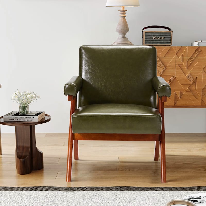 EROMMY Accent Chair, Mid Century Modern Sitting Chair with Solid Wood Frame, Armchair for Living Room Lounge Balcony - Leather Armchair - Dark Green