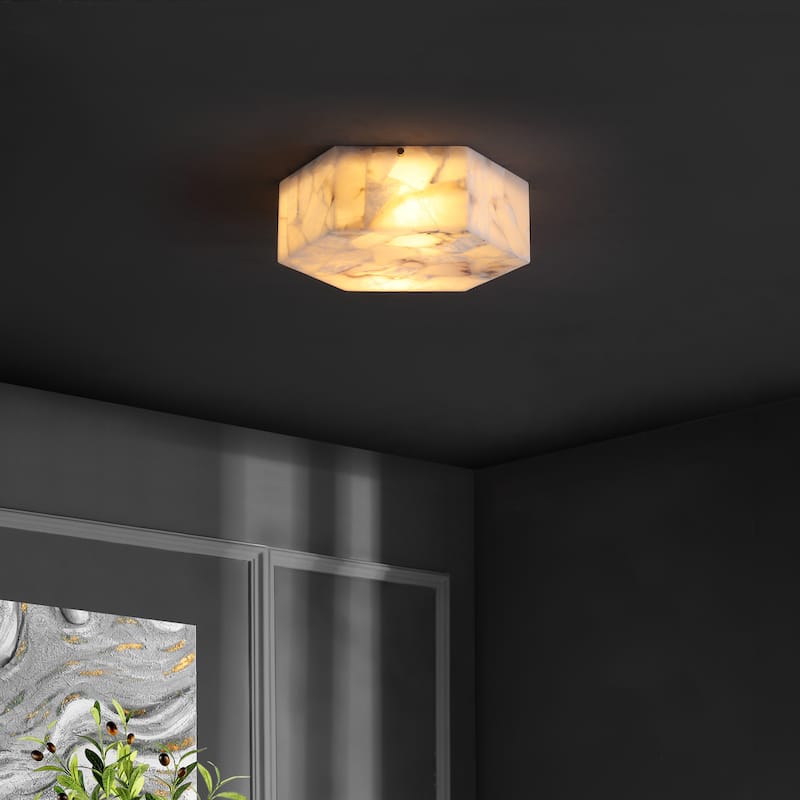 SAFAVIEH Iana 2 Light 14-inch Alabaster & Metal Semi-Flush Mount - 14"W x 14"D x 5"H
