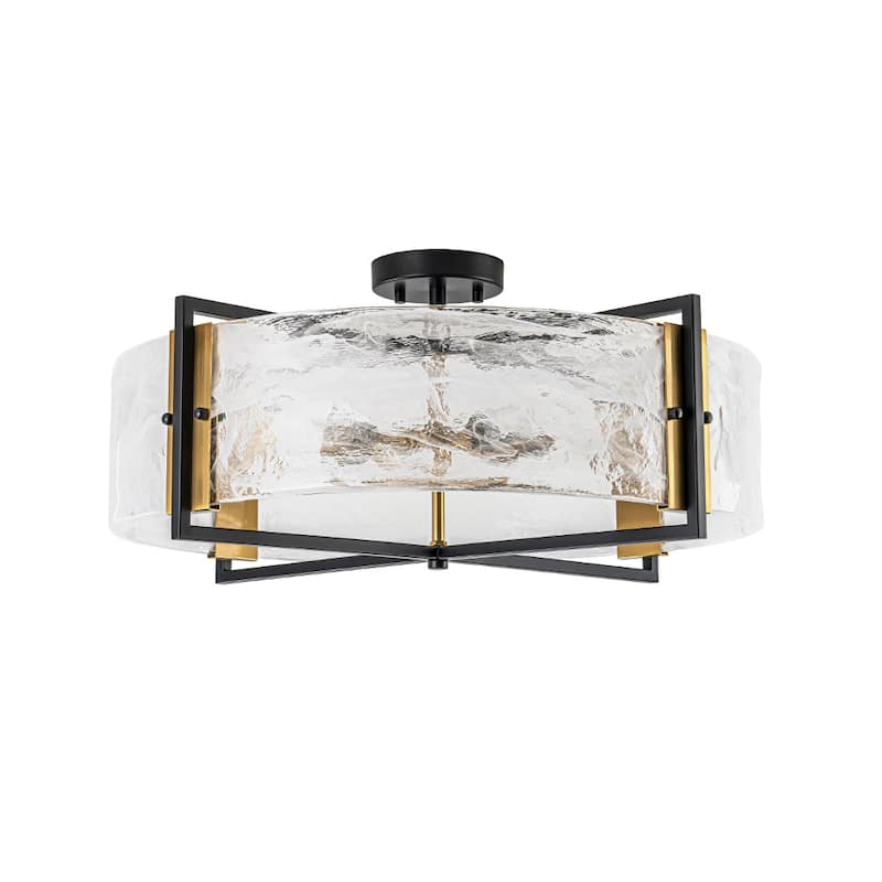 Modern Entryway 6-Light Glazed Glass Drum Semi-flush Mount - Black & Gold - 23.6in