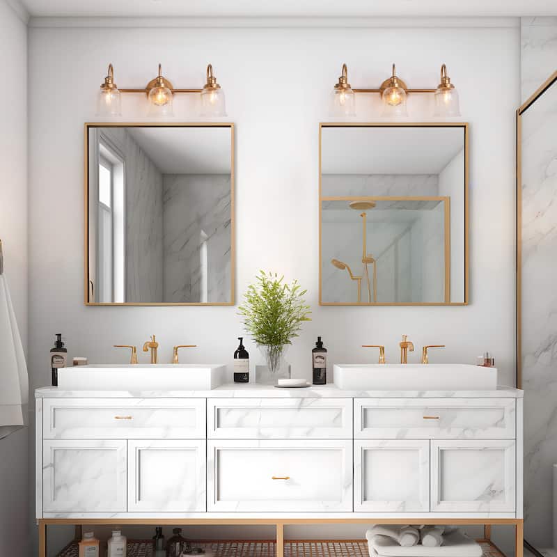 Modern Seeded Glass Bathroom Vanity Light Gold 3-Light Farmhouse Wall Sconces Dimmable - Brass Gold - L 21"xW 9"xH 8"