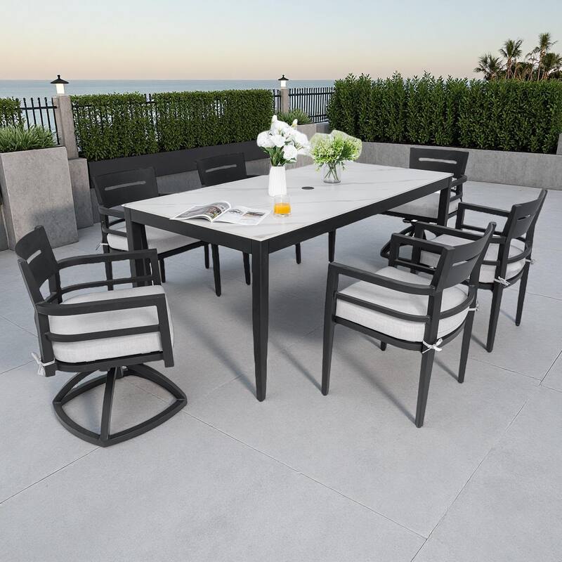 7-Piece Outdoor Patio Aluminum Dining Set with Marble-pattern Tabletop, 2 Swivel Rocker & 4 Armchairs, Umbrella Hole - White+Black