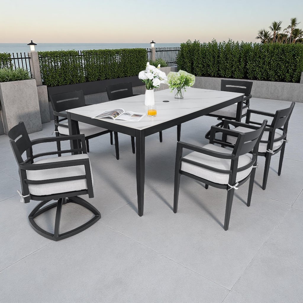 7-Piece Outdoor Patio Aluminum Dining Set with Marble-pattern Tabletop, 2 Swivel Rocker & 4 Armchairs, Umbrella Hole