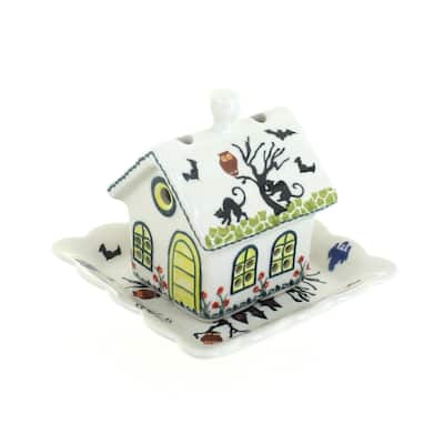Blue Rose Polish Pottery 1847-1887 Zaklady Haunted House Luminary