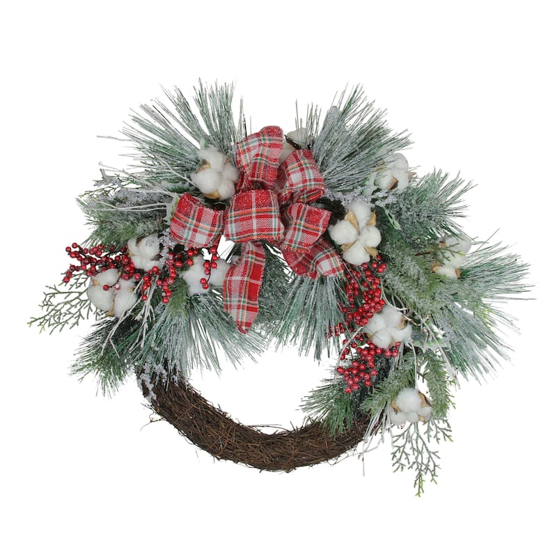 Iced Mixed Pine Holly Berry Artificial Christmas Wreath 24" Unlit