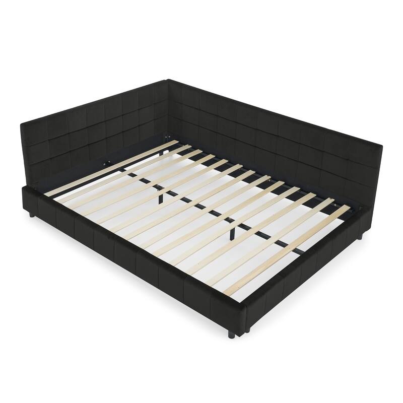 Corner Day Bed Frame, Upholstered Velvet Wooden L-Shaped Sofa Bed with Tufted Design & Wood Slats, Modern Floor Platform Bed
