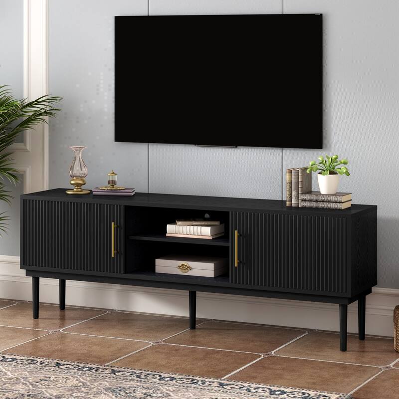Modern TV Stnad, Stylish Sideboard with Vertical Striped Doors and Sliding Door Design, for Living Rooms, Black