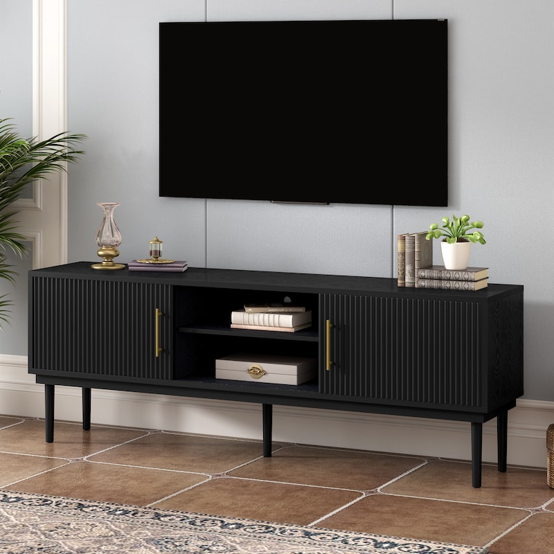 TV Stand Media Console with Fluted Door Cabinets, Solid Wood Legs