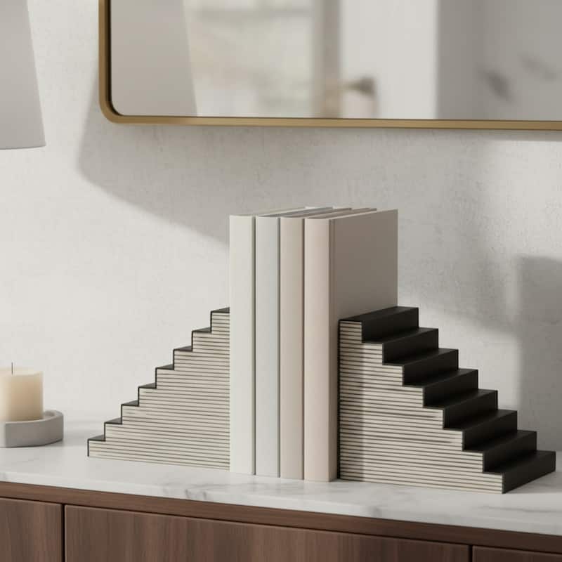 Decorative Striped Stair-Step Bookends - Set of 2, 6", Black & White - 6.0"