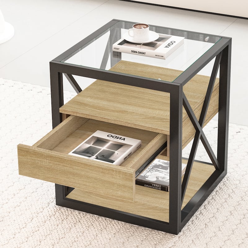 Set of 2 Modern End Table with Drawer - Nightstand,Rustic Wood Grain MDF & Tempered Glass Top,Industrial Style Side Table