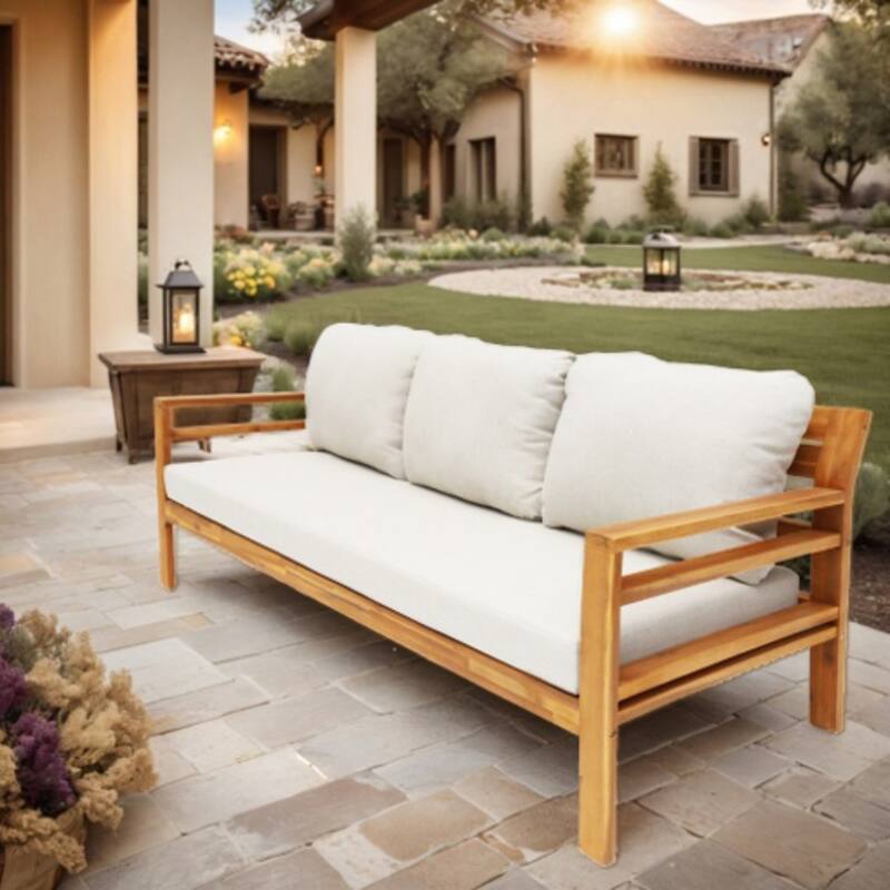 Outdoor Teak-finished Acacia Wood Sofa with Waterproof Cushions with Hidden Zippers