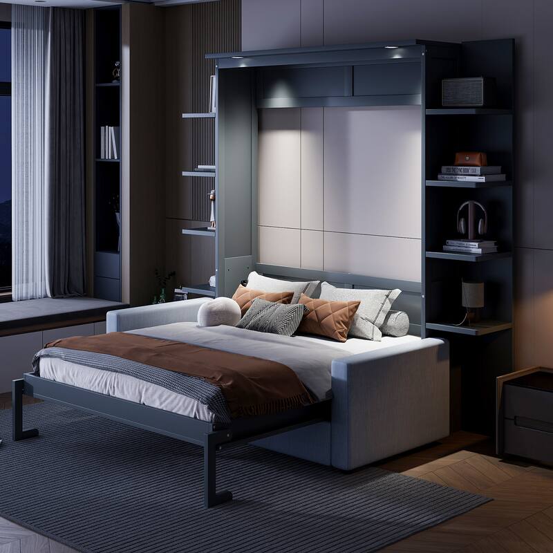 Queen Murphy Wall Bed with Built-In Sofa, Fold-Away Design, and Storage Cabinet for Space-Saving Living Spaces
