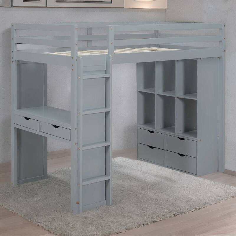 Full Size Loft Bed with large shelves, writing desk and LED Light