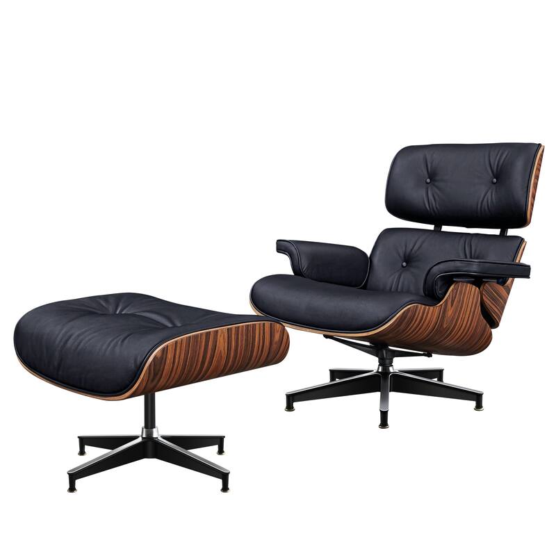 HomeRoots 28" Black and Rosewood Tufted Genuine Leather Lounge Chair With Ottoman - 28.30 in. x 29.00 in. x 20.50 in.