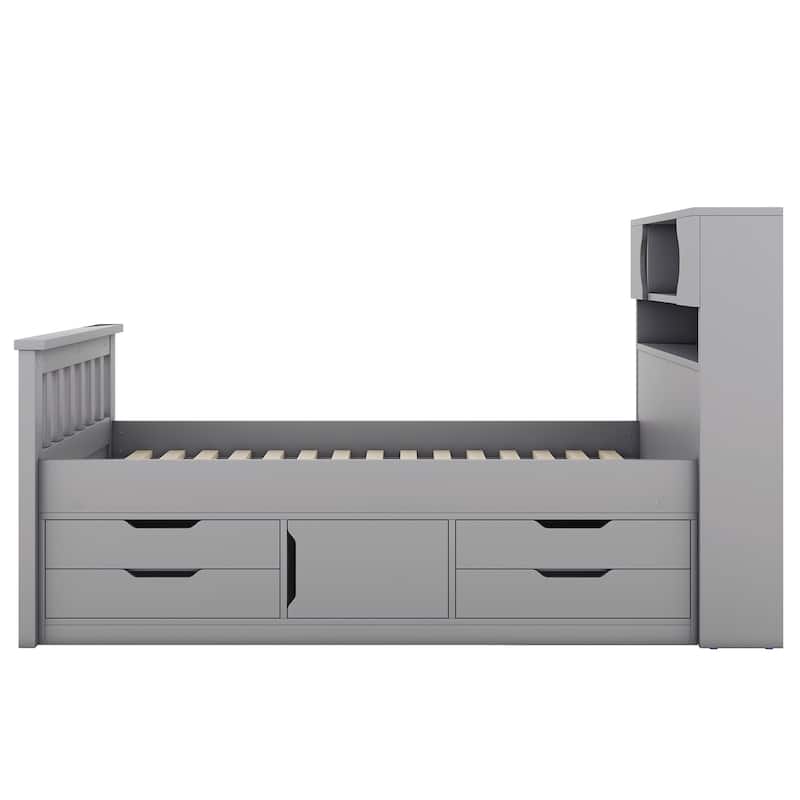 Twin Size Platform Bed with 4 Drawers, Bookcase Headboard, and Storage Shelves, Space-Saving Design, Sturdy and Quiet Frame