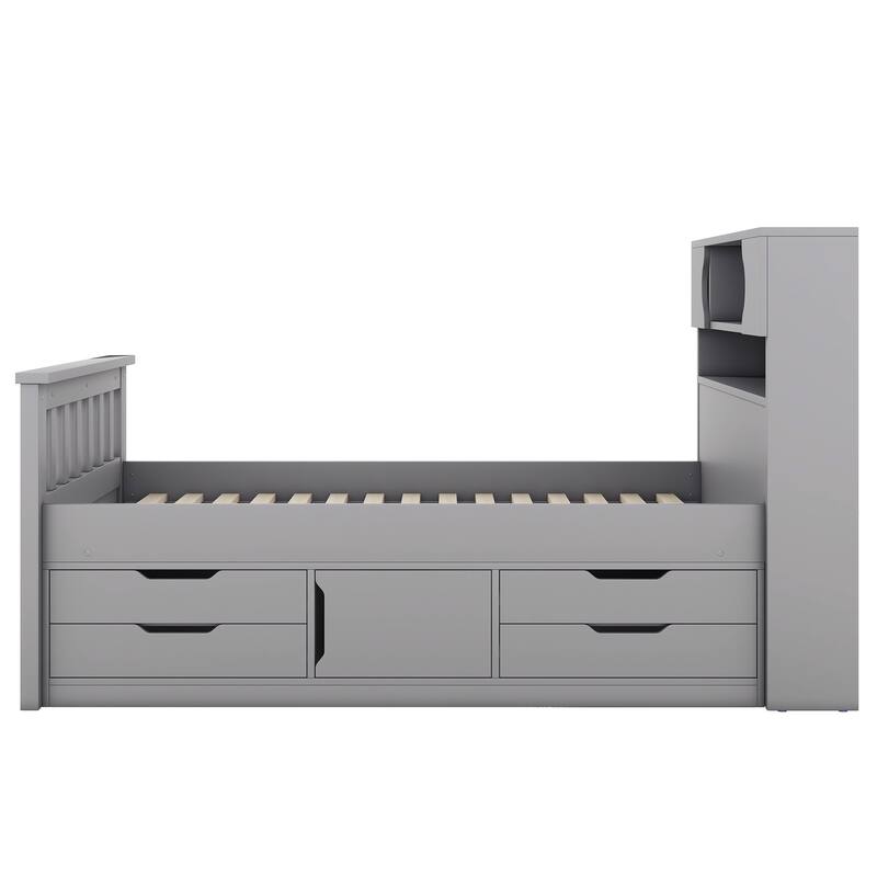 Twin Size Platform Bed with Storage, Bookcase Headboard, Four Drawers, Gray