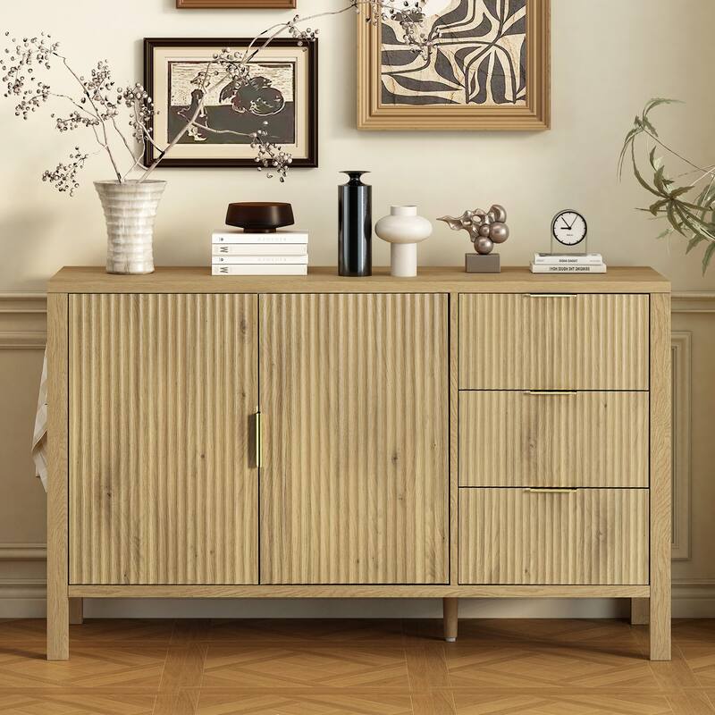 Anmytek Modern Wave Pattern Sideboard Buffet Cabinet with 3 Drawers Hooks Large Storage for Living Room Entryway - Natural