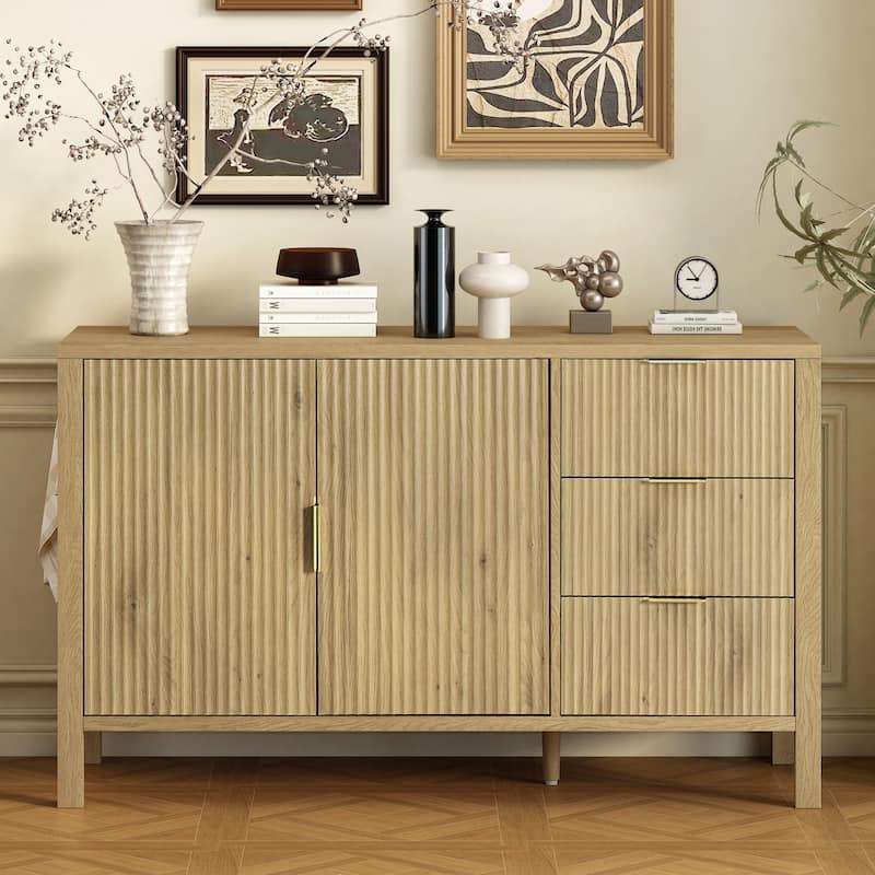 Roomfitters Sideboard Buffet Cabinet with 3 Drawers, 2 Door Mid-century Fluted Accent Storage for Kitchen & Dining - Natural