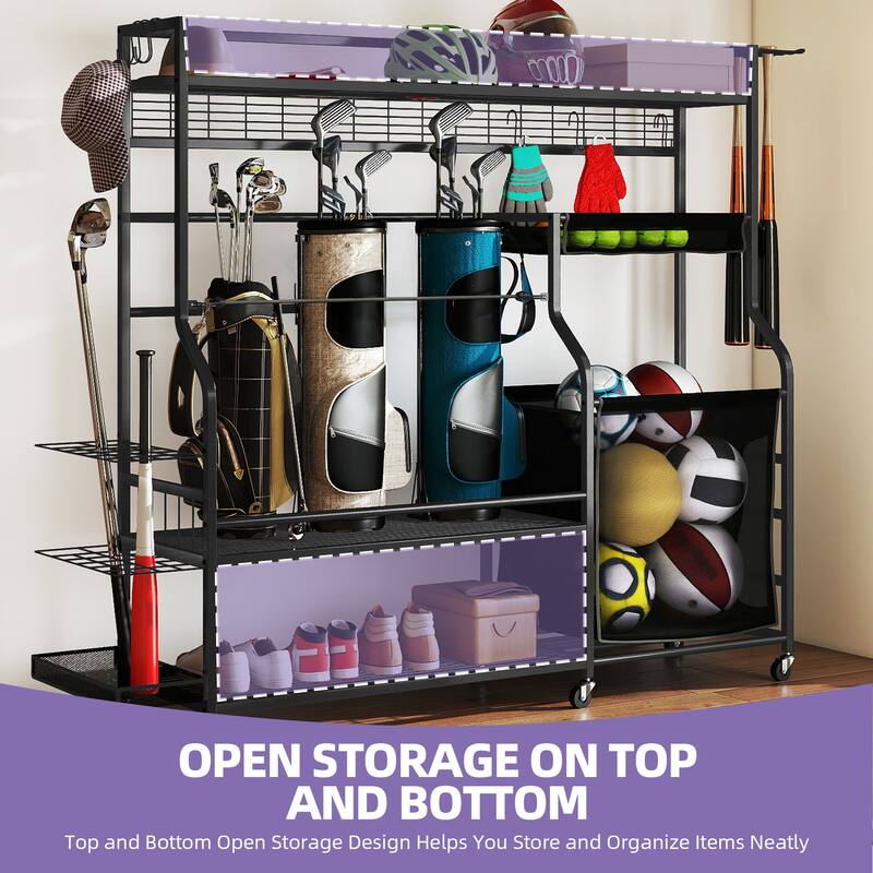 Moasis Sports Equipment Organizer, Golf Bags Storage Stand with Wheels