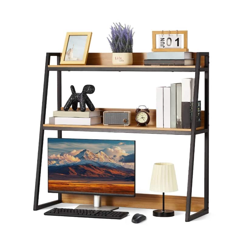 Particle Board Desktop Bookshelf Hutch, 2 Shelves, Anti-Slip Feet Pads - 37.4" L x 12.6" W x 35.4" H