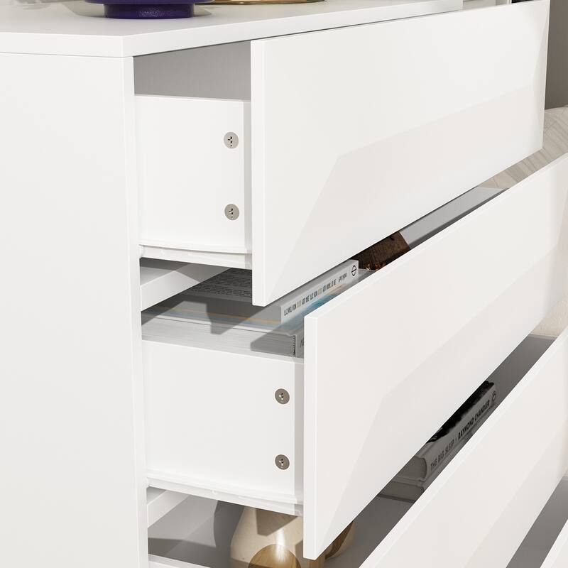 Asymmetrical Drawer Highboy - Chic White Storage Chest with Gold Legs